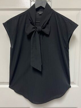 Ann Taylor Black Tie-Neck Cap-Sleeve Blouse